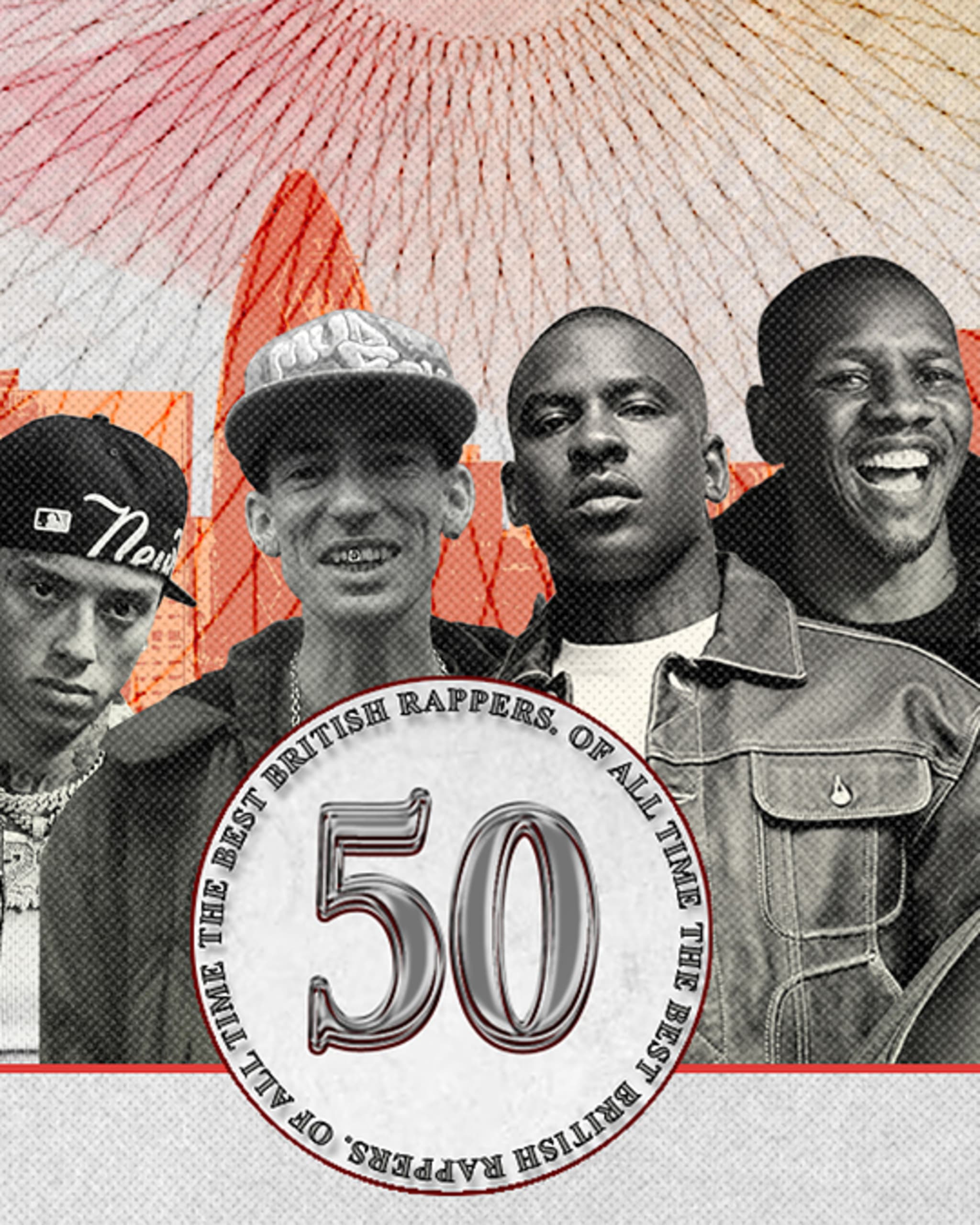 Collage of British rappers with a cityscape background and the number 50 in the center, celebrating top UK rappers.