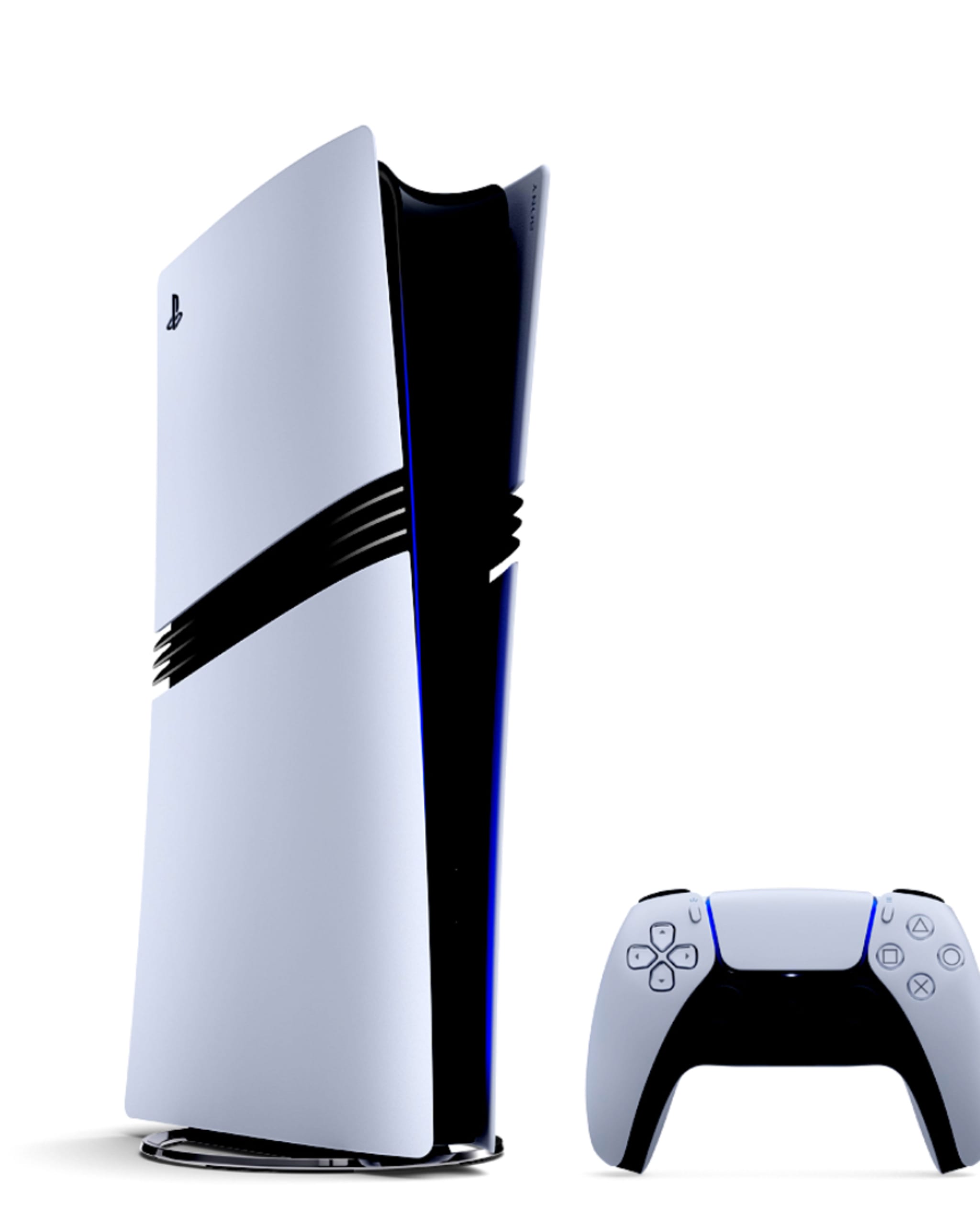 The PlayStation Pro stands upright with the DualSense wireless controller on its right.