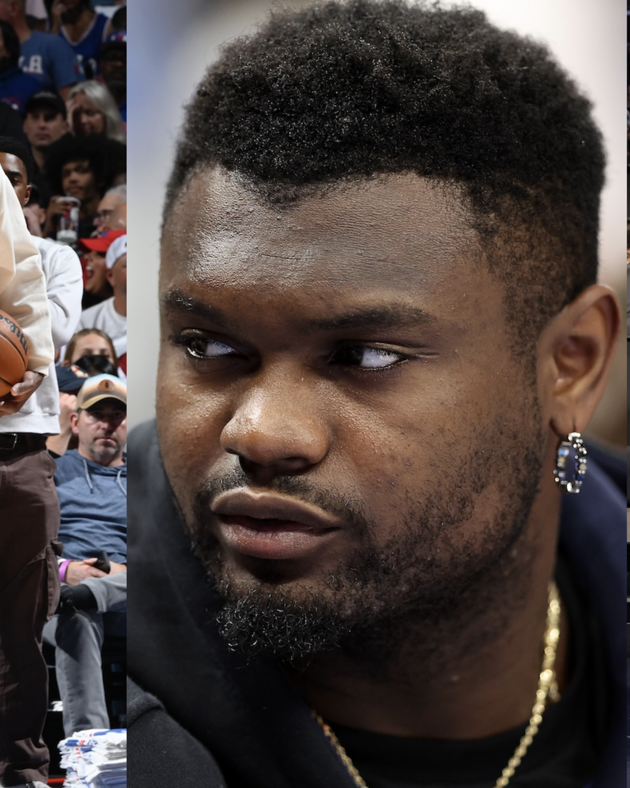 Joel Embiid in a white outfit, Zion Williamson in a close-up, and Klay Thompson adjusting his shoe courtside.